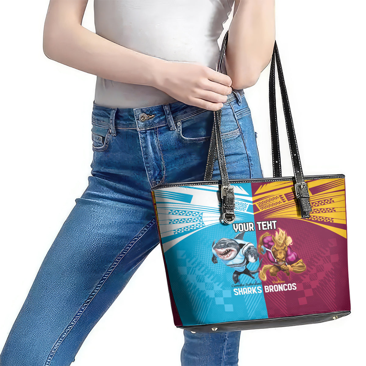 Custom Broncos and Sharks Leather Tote Bag Sporty Style