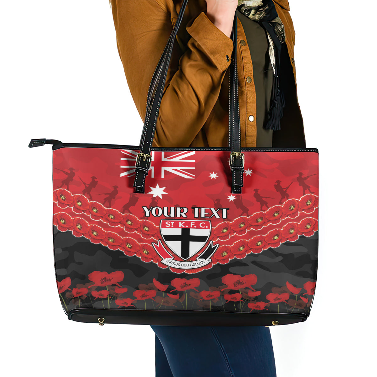 Custom St Kilda Saints Football Leather Tote Bag ANZAC Lest We Forget