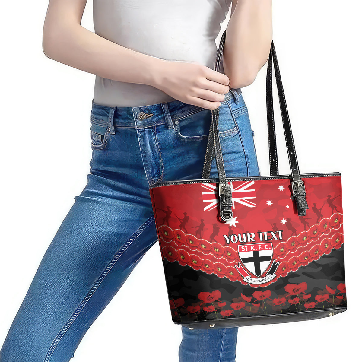 Custom St Kilda Saints Football Leather Tote Bag ANZAC Lest We Forget