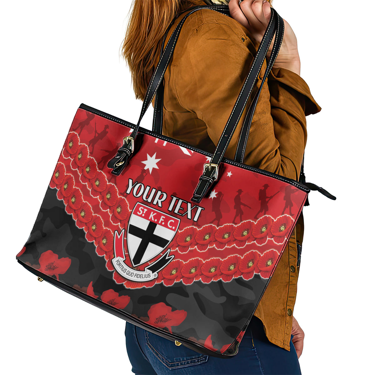 Custom St Kilda Saints Football Leather Tote Bag ANZAC Lest We Forget