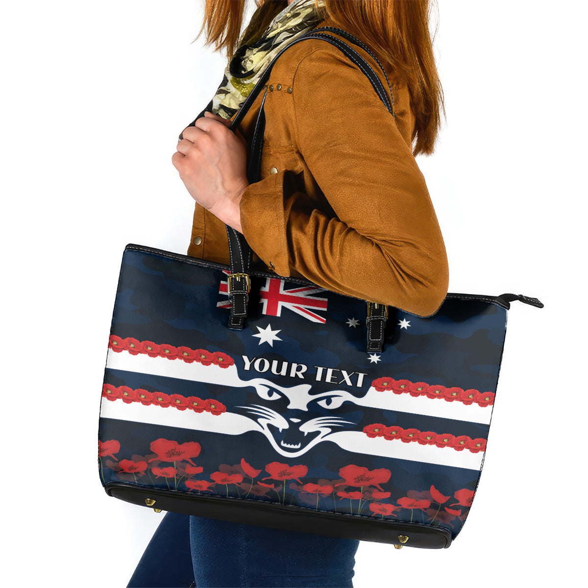 Custom Cats Football Leather Tote Bag ANZAC Lest We Forget