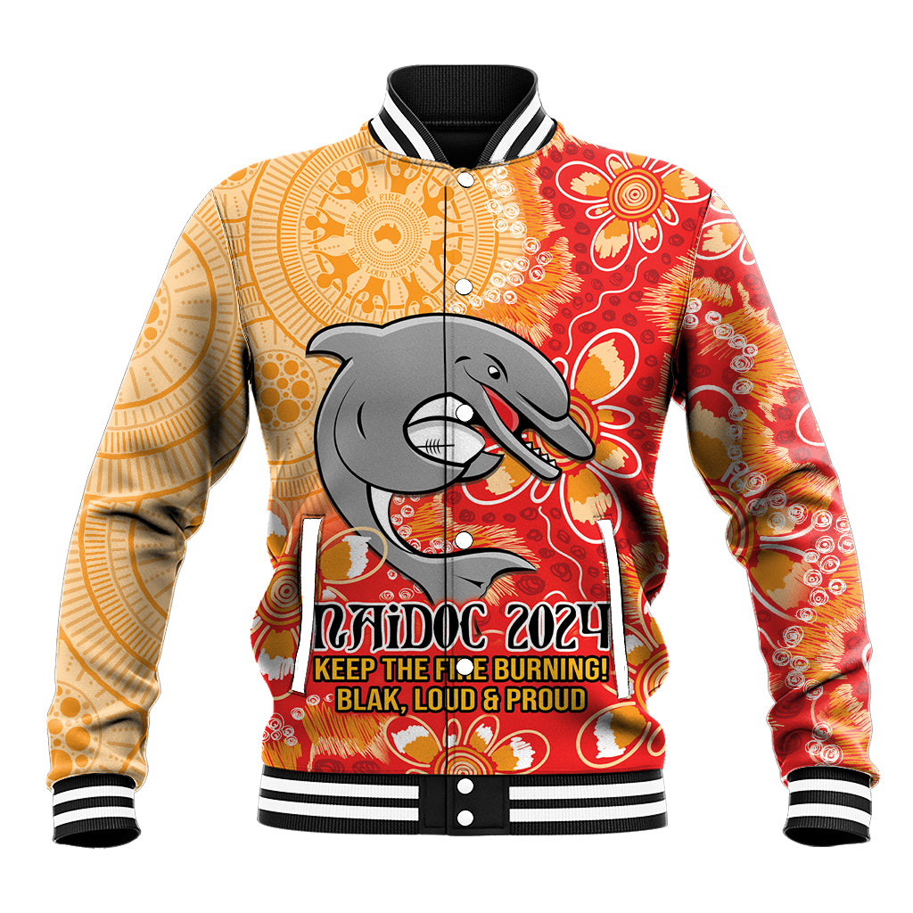 Personalised Dolphins NAIDOC Week 2024 Baseball Jacket Aboriginal Fire Burning Sparks