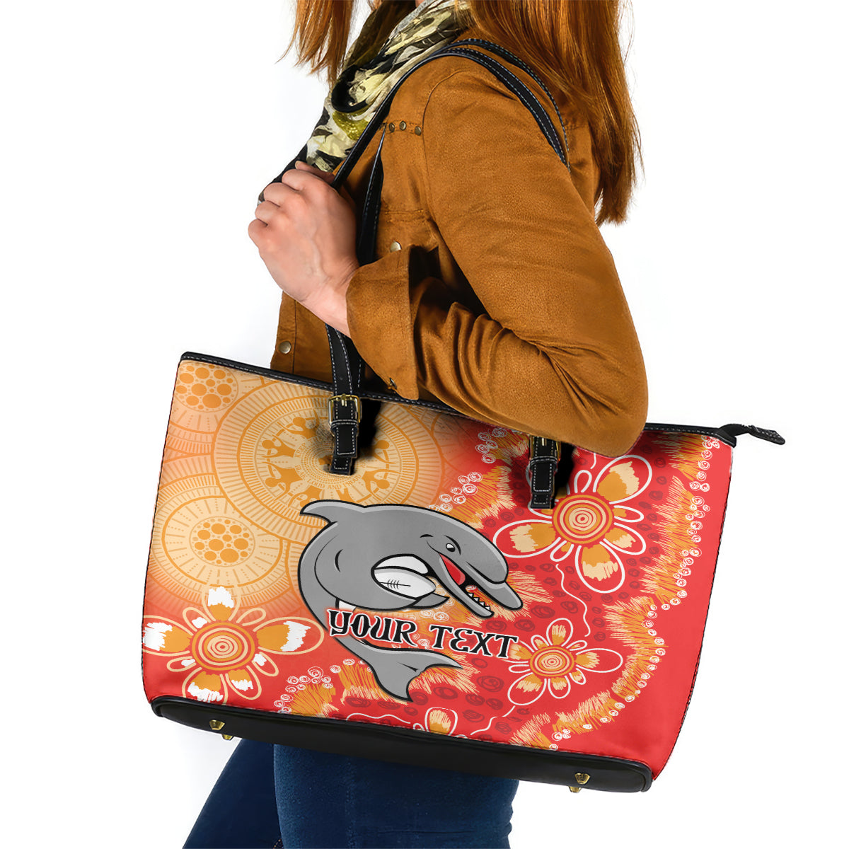 Personalised Dolphins NAIDOC Week 2024 Leather Tote Bag Aboriginal Fire Burning Sparks