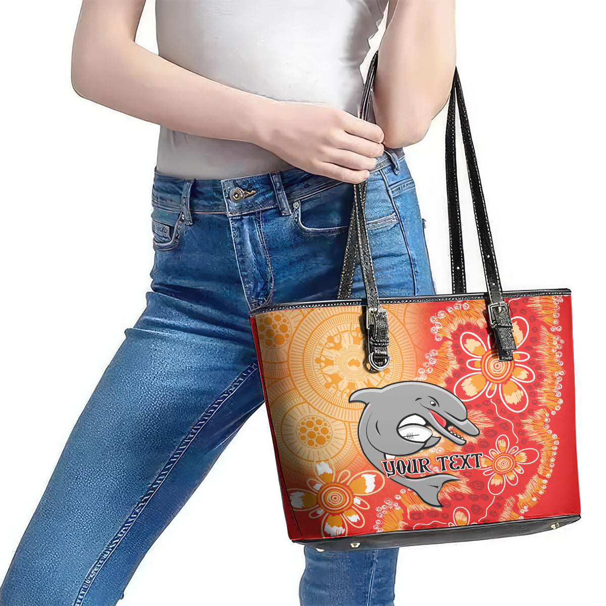 Personalised Dolphins NAIDOC Week 2024 Leather Tote Bag Aboriginal Fire Burning Sparks