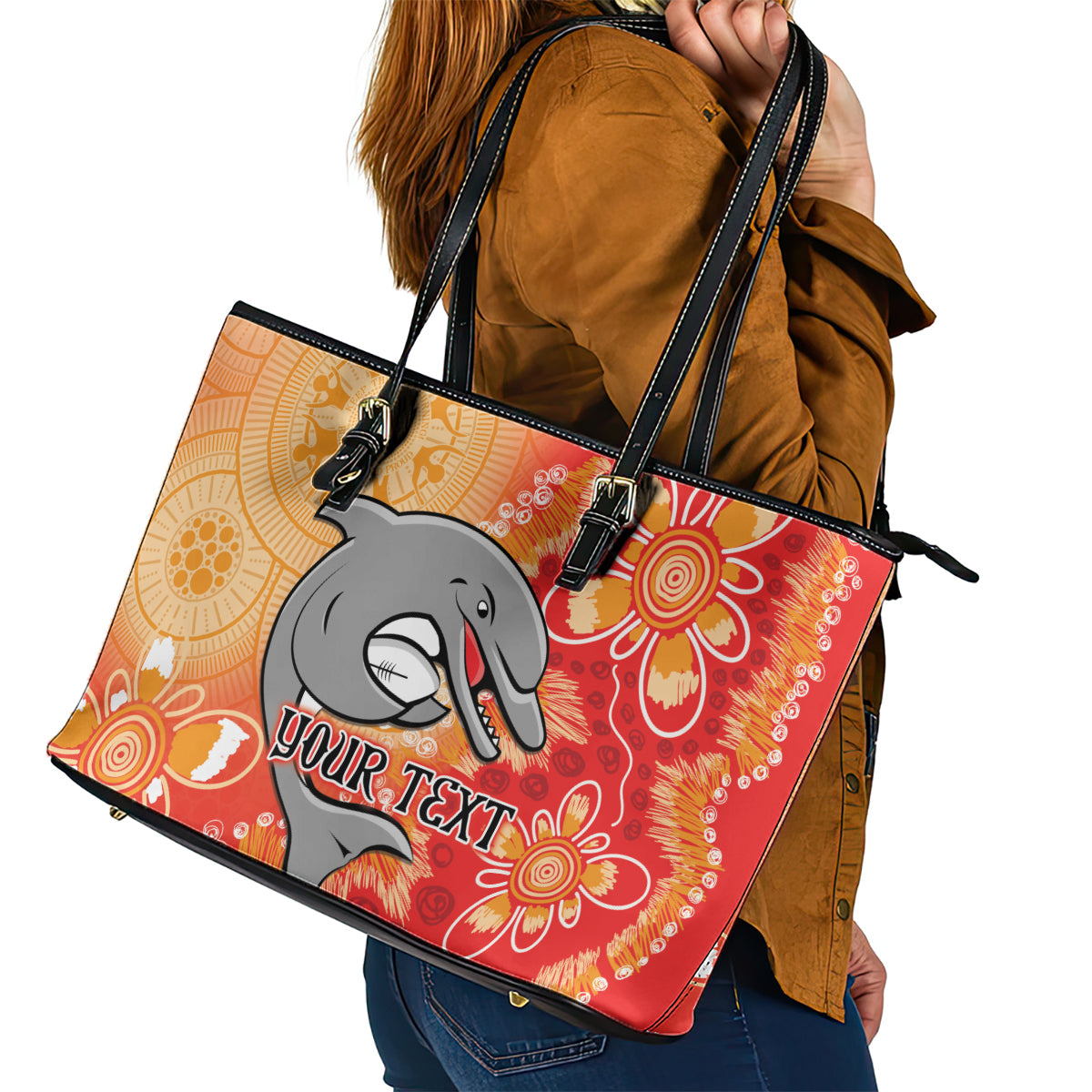 Personalised Dolphins NAIDOC Week 2024 Leather Tote Bag Aboriginal Fire Burning Sparks