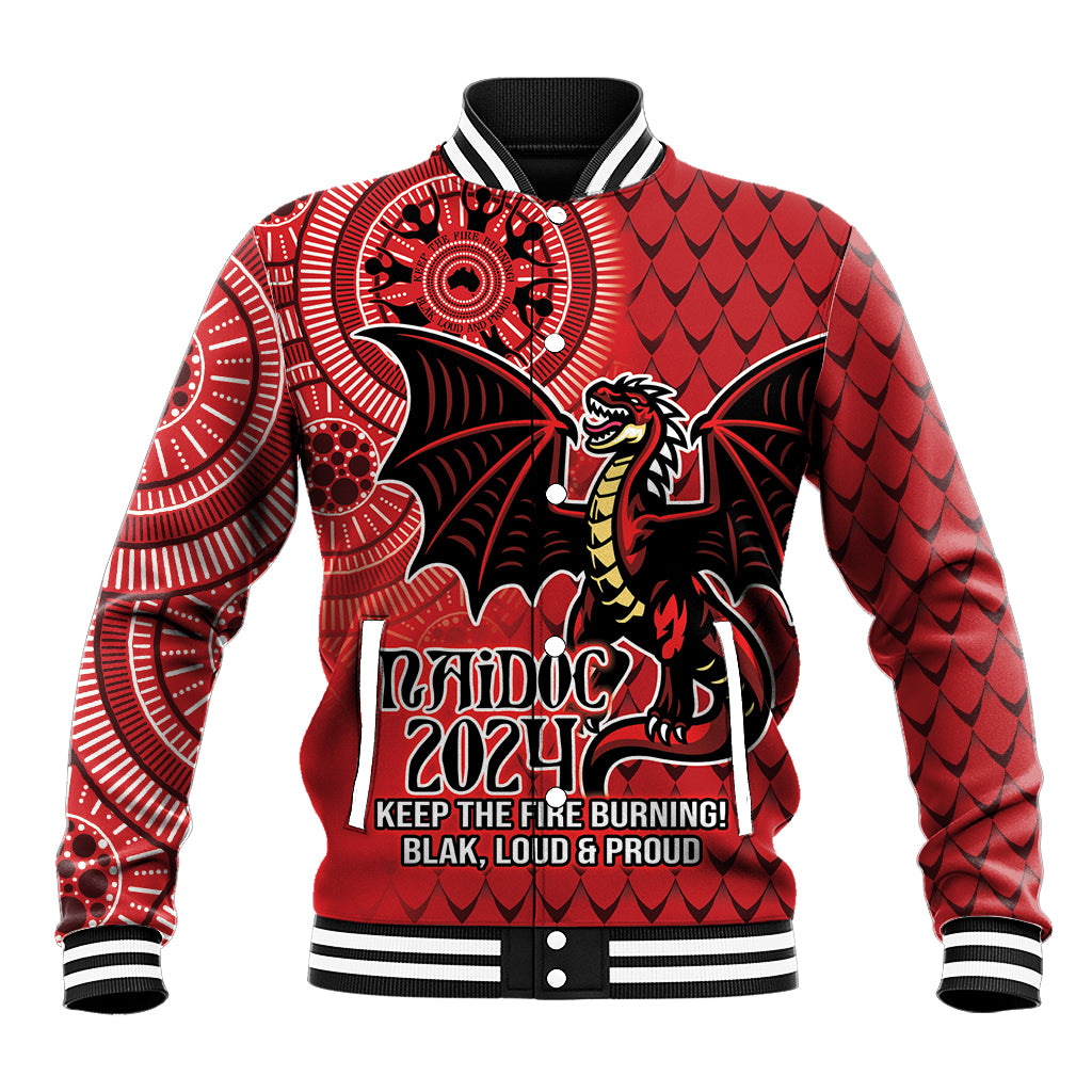 Personalised Dragons NAIDOC Week 2024 Baseball Jacket Aboriginal Fire Burning Sparks