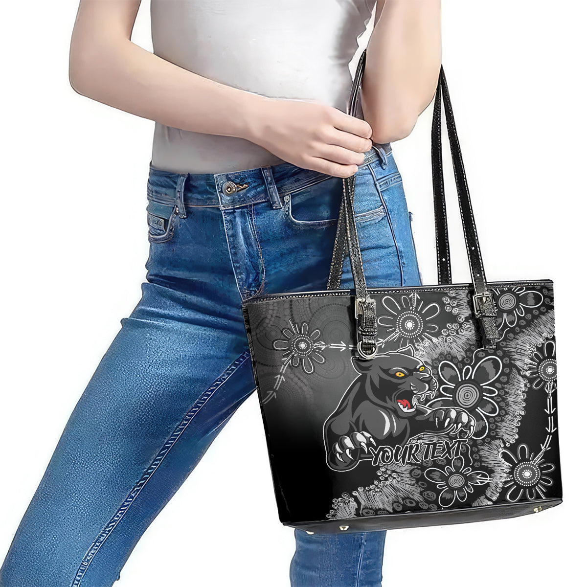 Personalised Panthers NAIDOC Week 2024 Leather Tote Bag Aboriginal Fire Burning Sparks