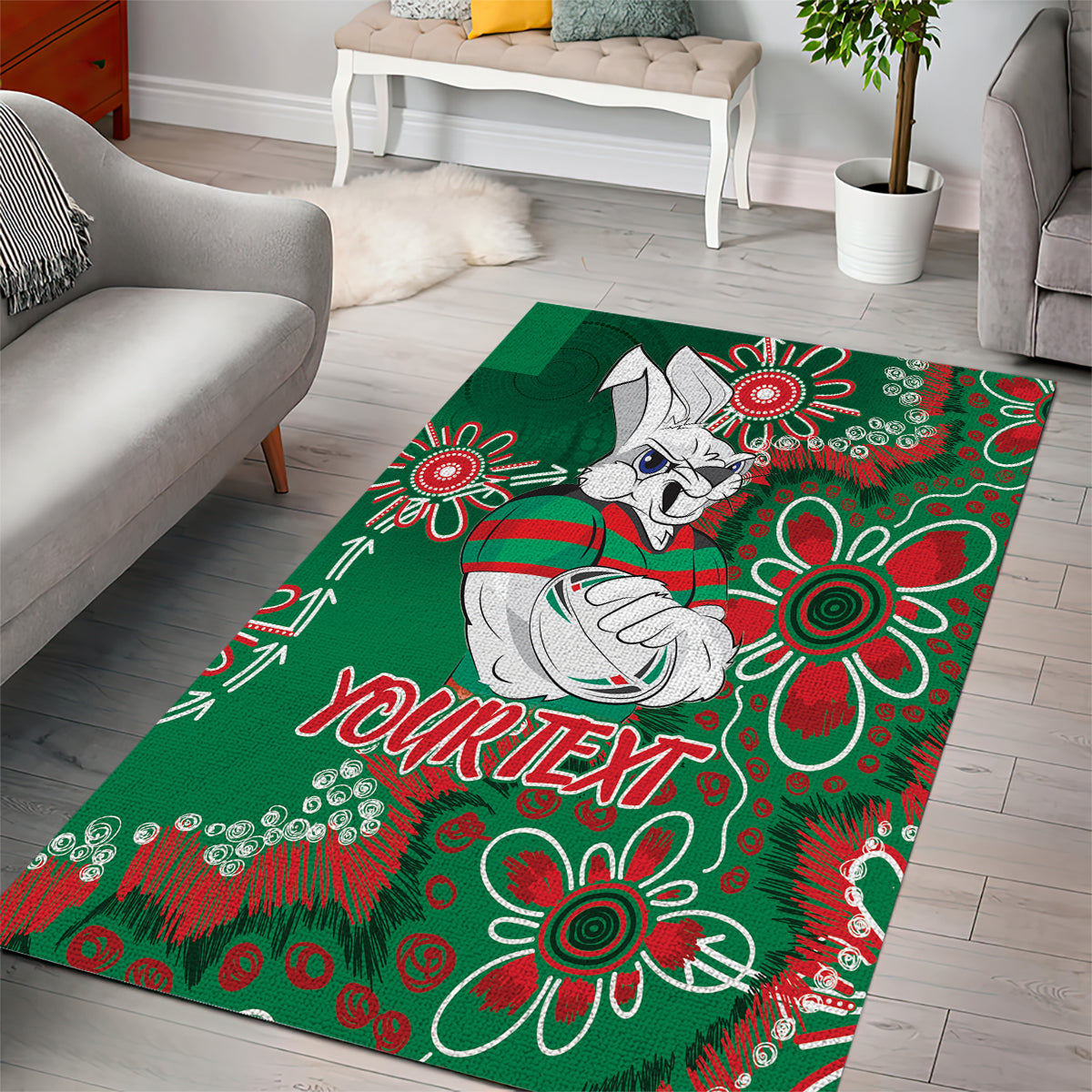 Personalised Rabbitohs NAIDOC Week 2024 Area Rug Aboriginal Fire Burning Sparks