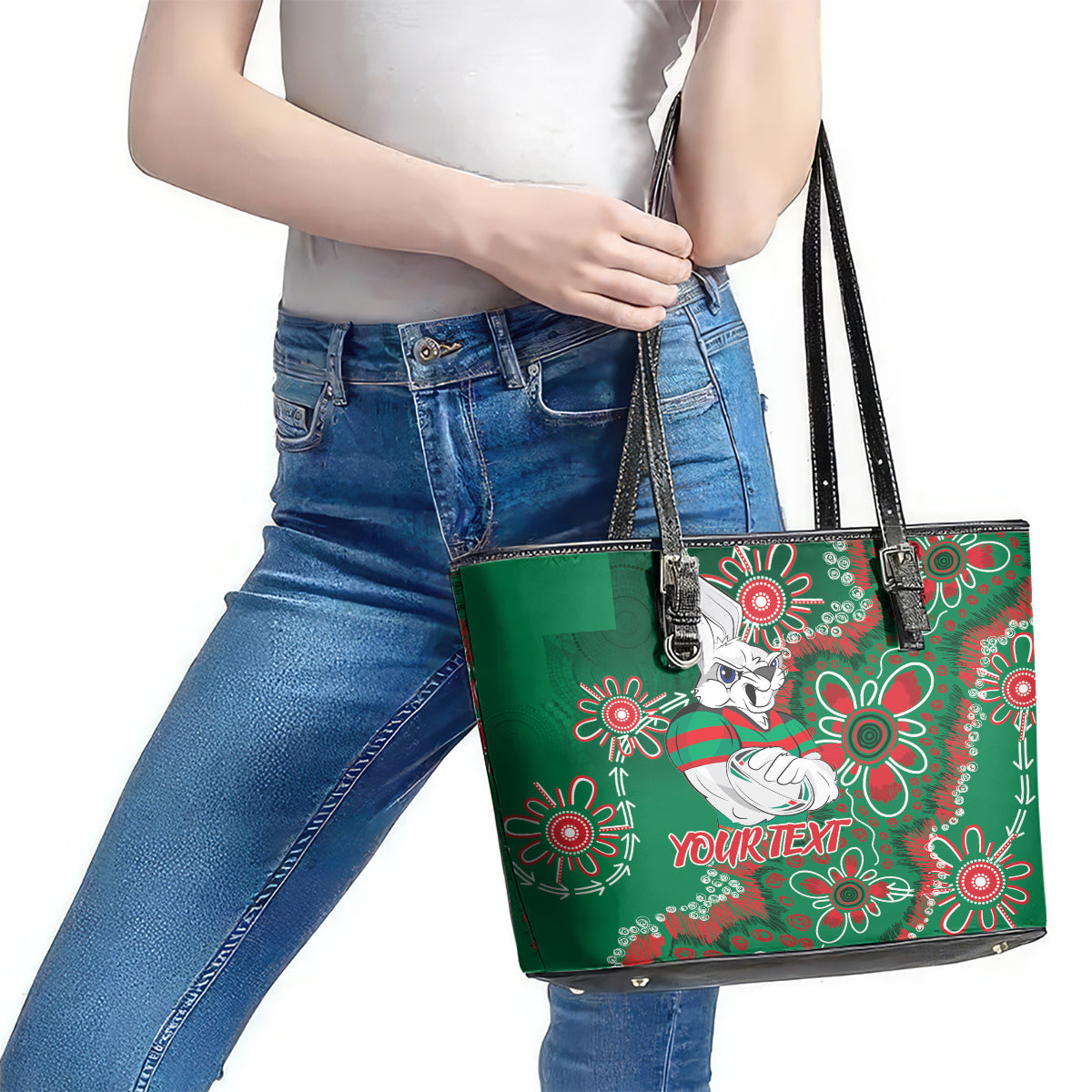 Personalised Rabbitohs NAIDOC Week 2024 Leather Tote Bag Aboriginal Fire Burning Sparks