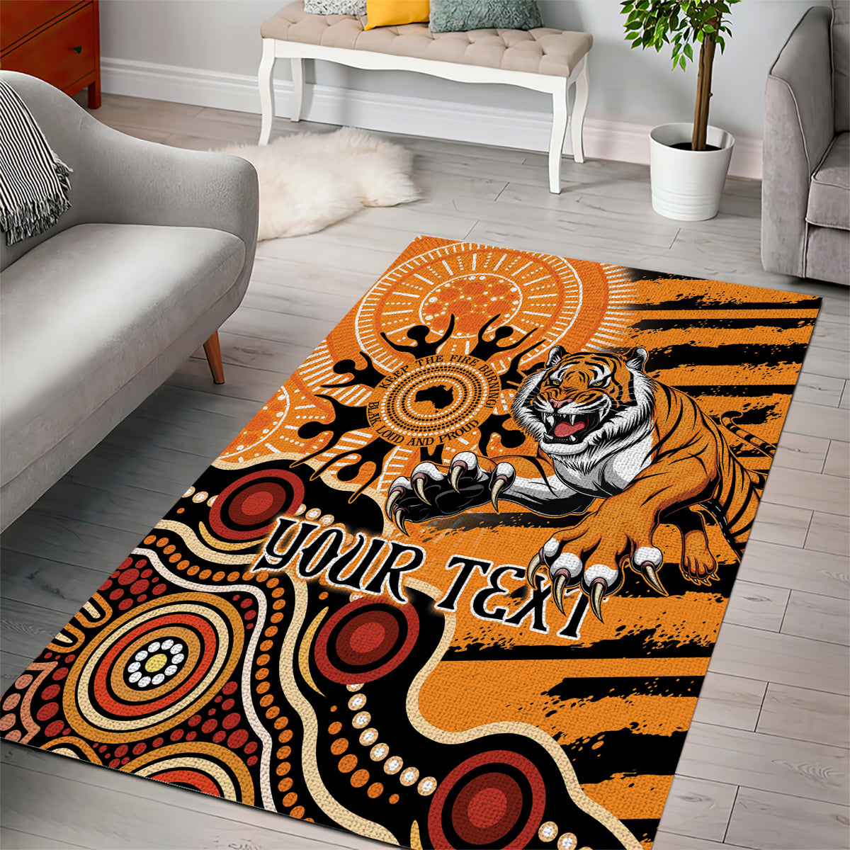 Personalised Wests Tigers NAIDOC Week 2024 Area Rug Aboriginal Fire Burning Sparks