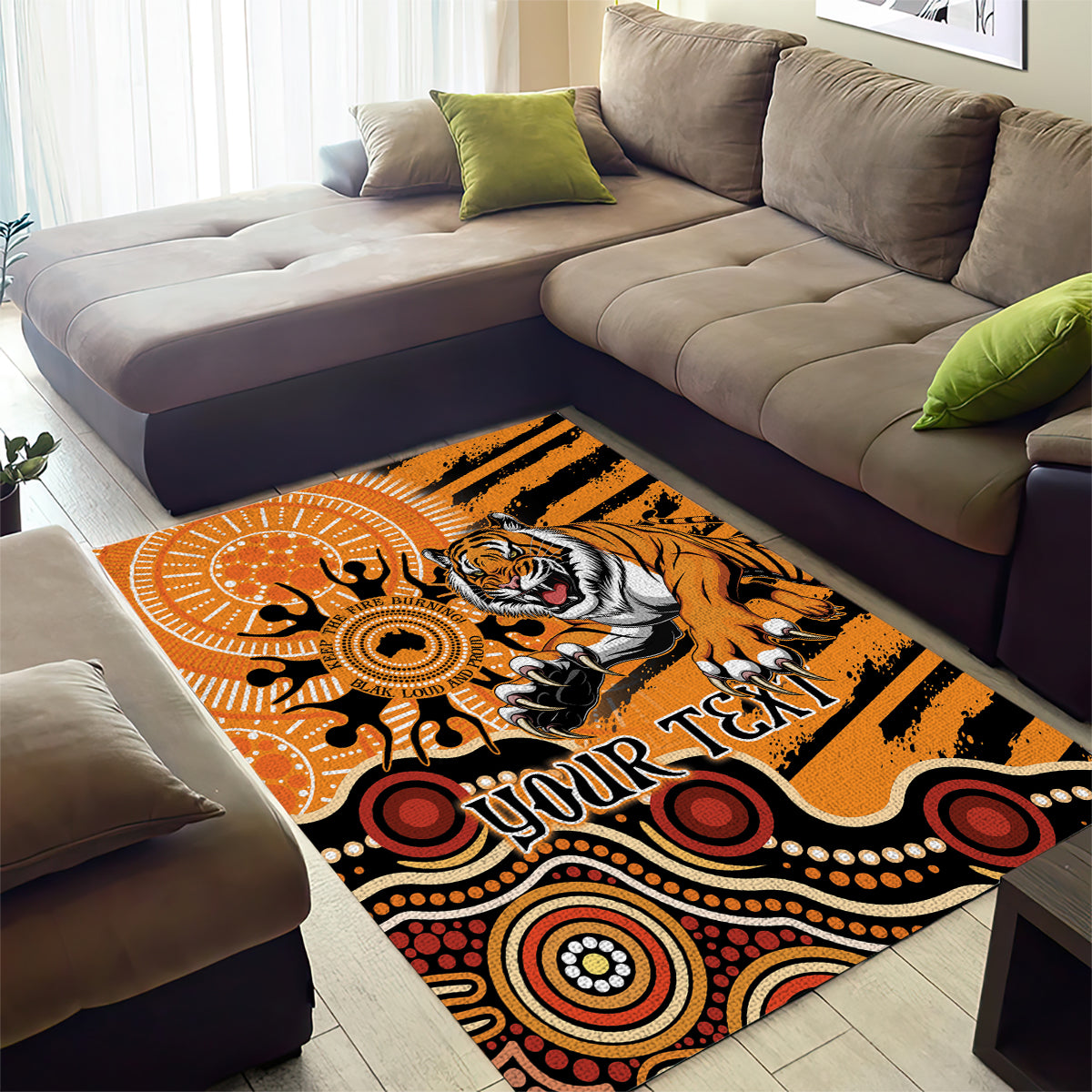 Personalised Wests Tigers NAIDOC Week 2024 Area Rug Aboriginal Fire Burning Sparks