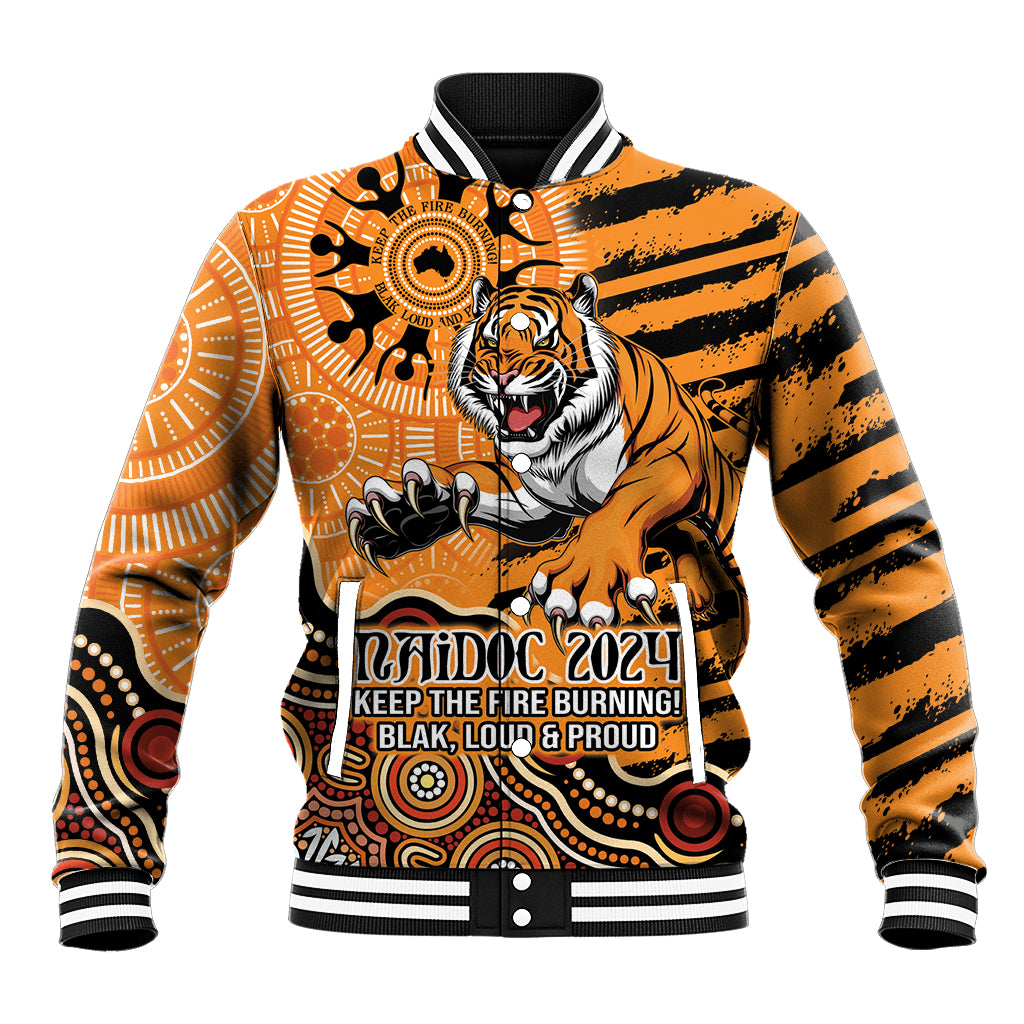 Personalised Wests Tigers NAIDOC Week 2024 Baseball Jacket Aboriginal Fire Burning Sparks