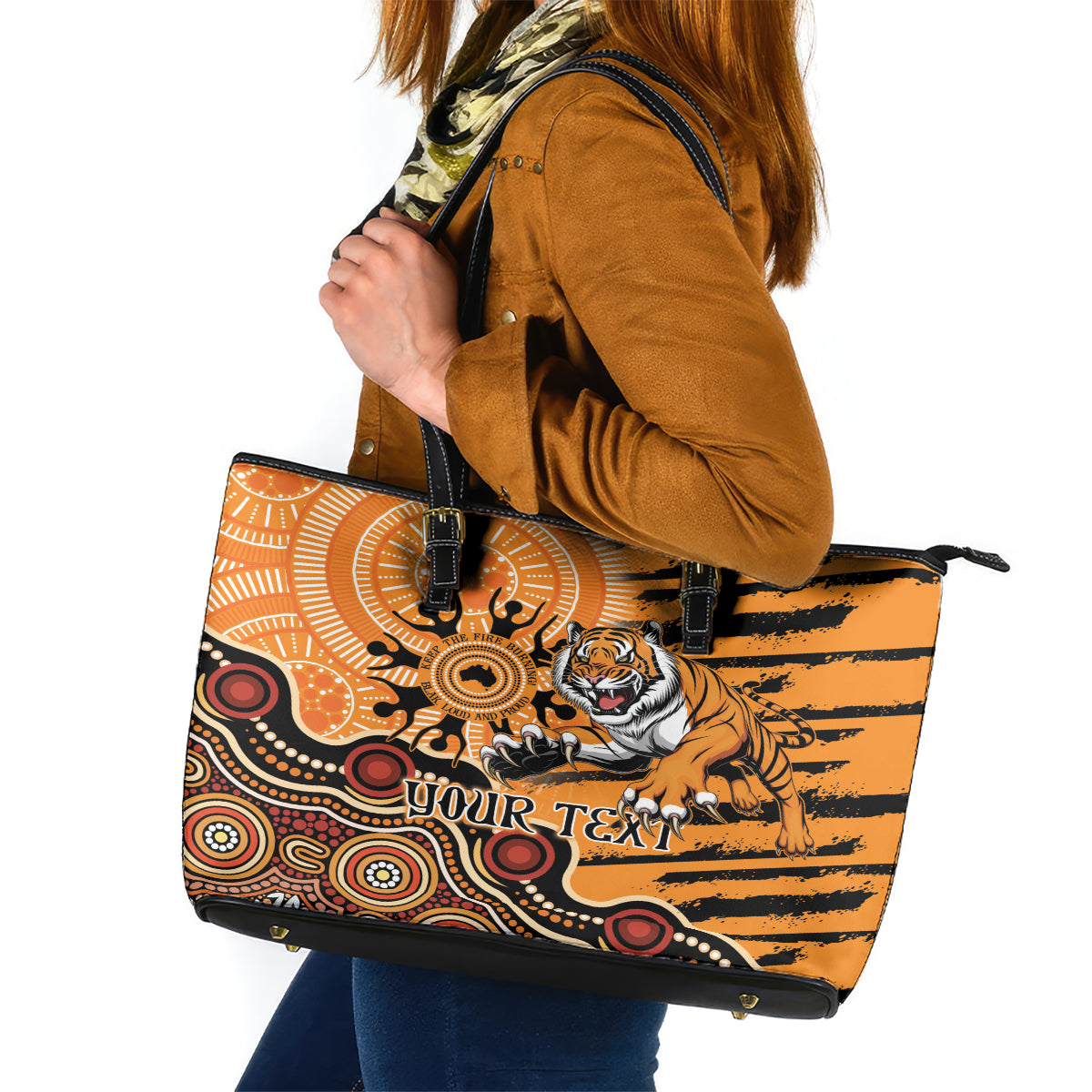 Personalised Wests Tigers NAIDOC Week 2024 Leather Tote Bag Aboriginal Fire Burning Sparks