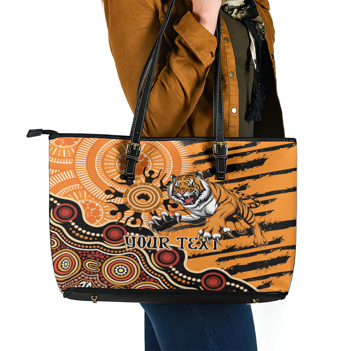 Personalised Wests Tigers NAIDOC Week 2024 Leather Tote Bag Aboriginal Fire Burning Sparks