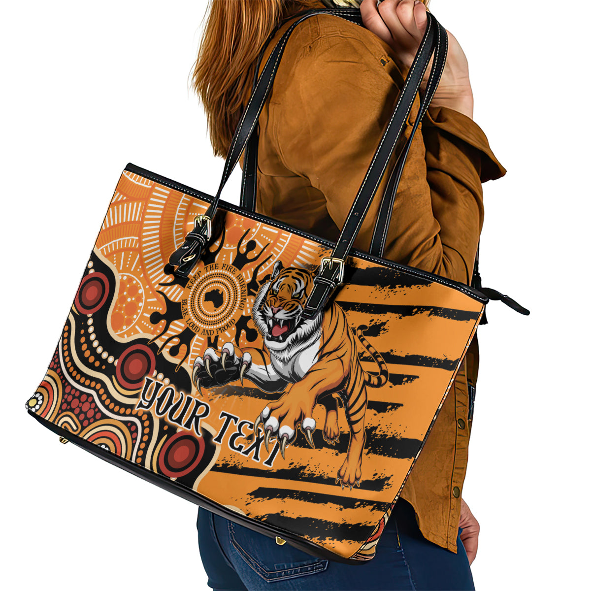 Personalised Wests Tigers NAIDOC Week 2024 Leather Tote Bag Aboriginal Fire Burning Sparks