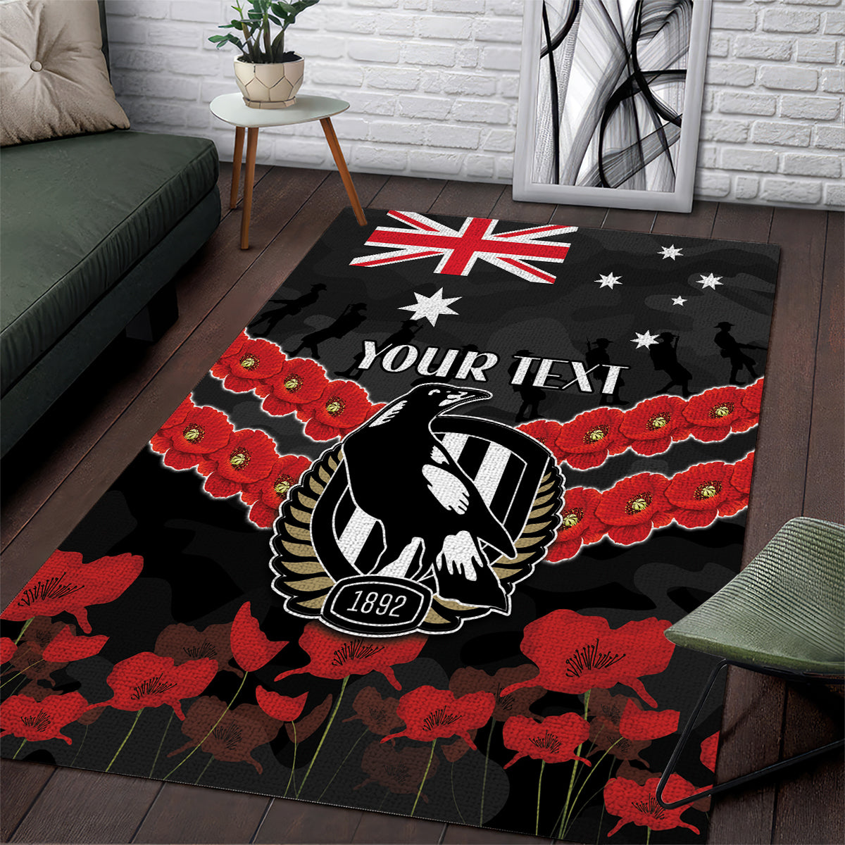 Custom Magpies Football Area Rug ANZAC Lest We Forget