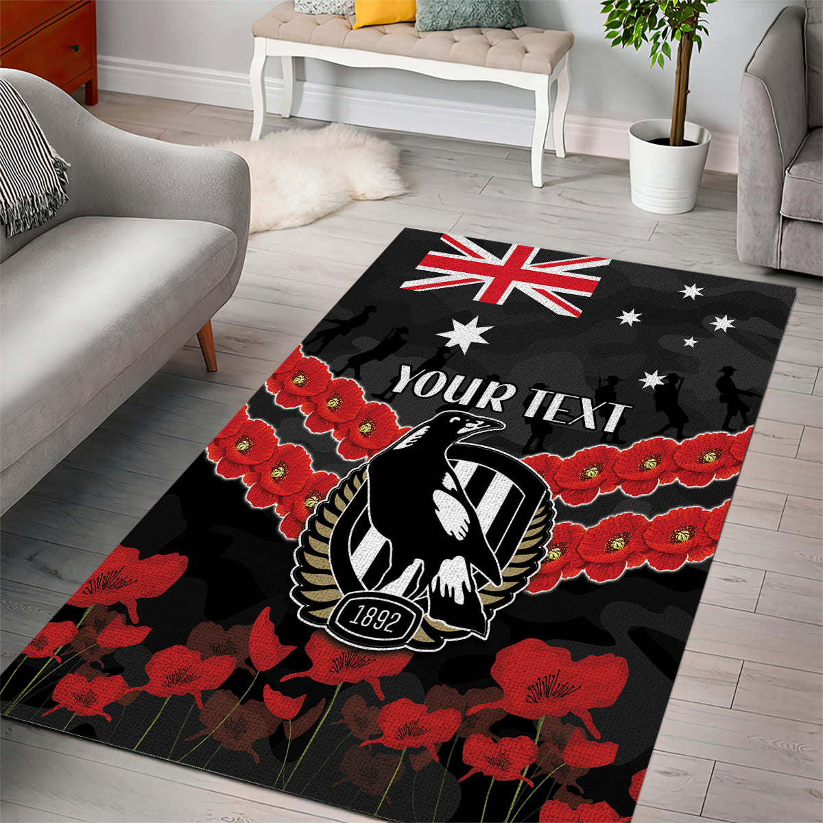 Custom Magpies Football Area Rug ANZAC Lest We Forget