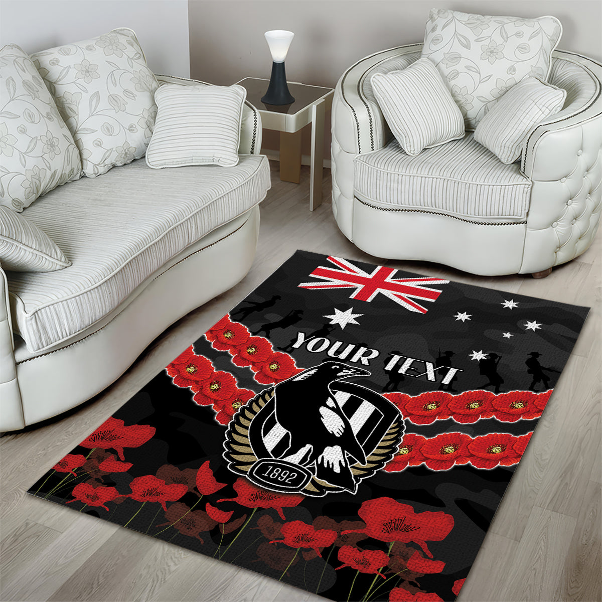 Custom Magpies Football Area Rug ANZAC Lest We Forget