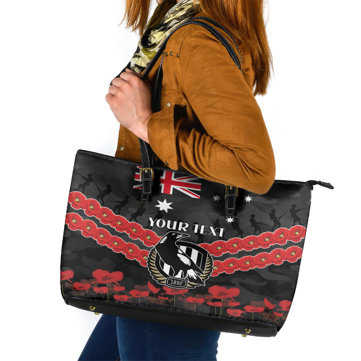 Custom Magpies Football Leather Tote Bag ANZAC Lest We Forget