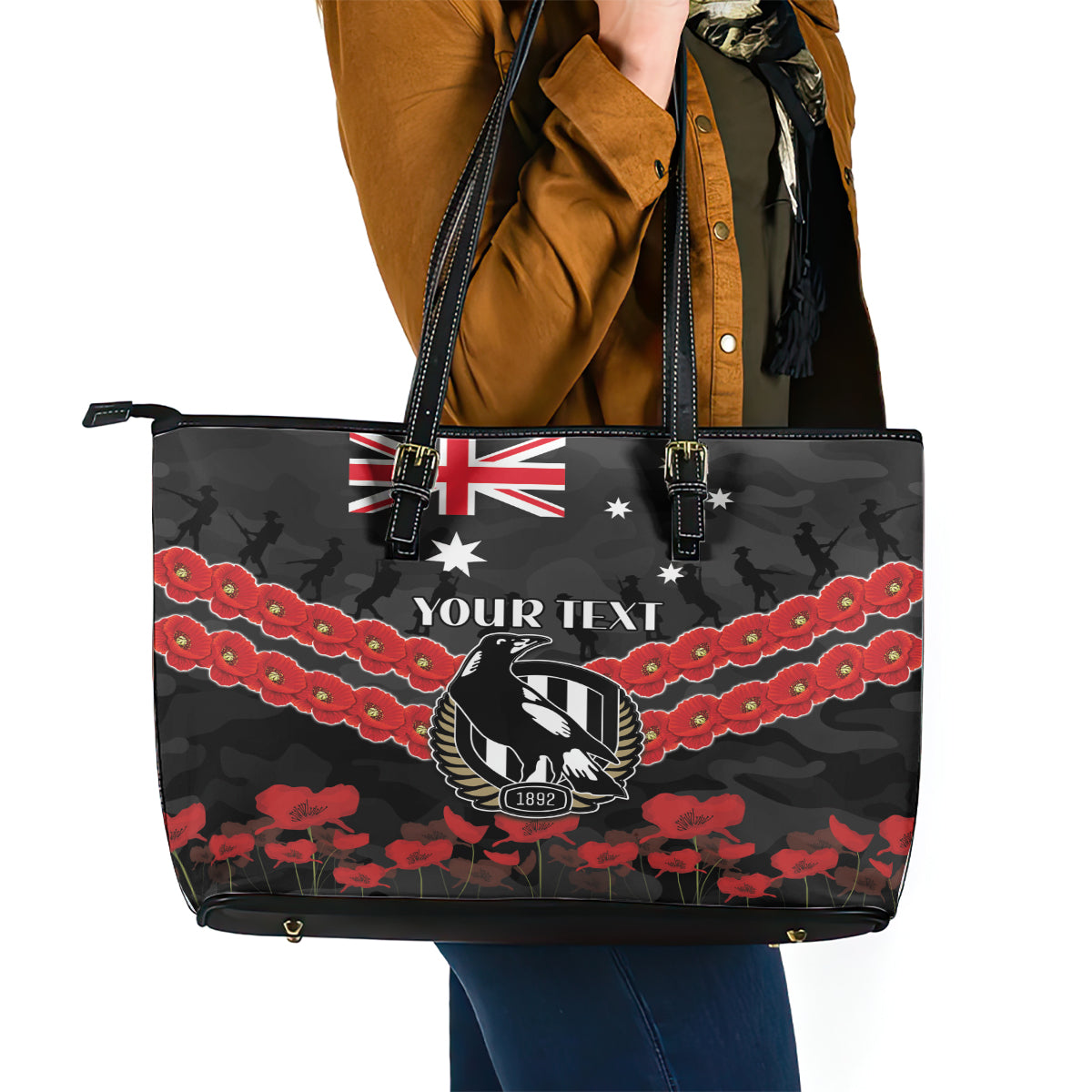 Custom Magpies Football Leather Tote Bag ANZAC Lest We Forget