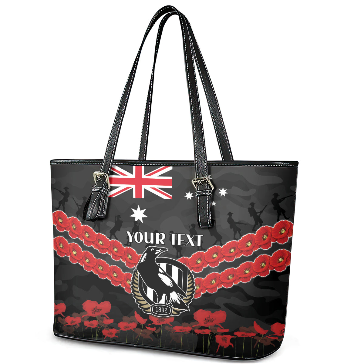 Custom Magpies Football Leather Tote Bag ANZAC Lest We Forget