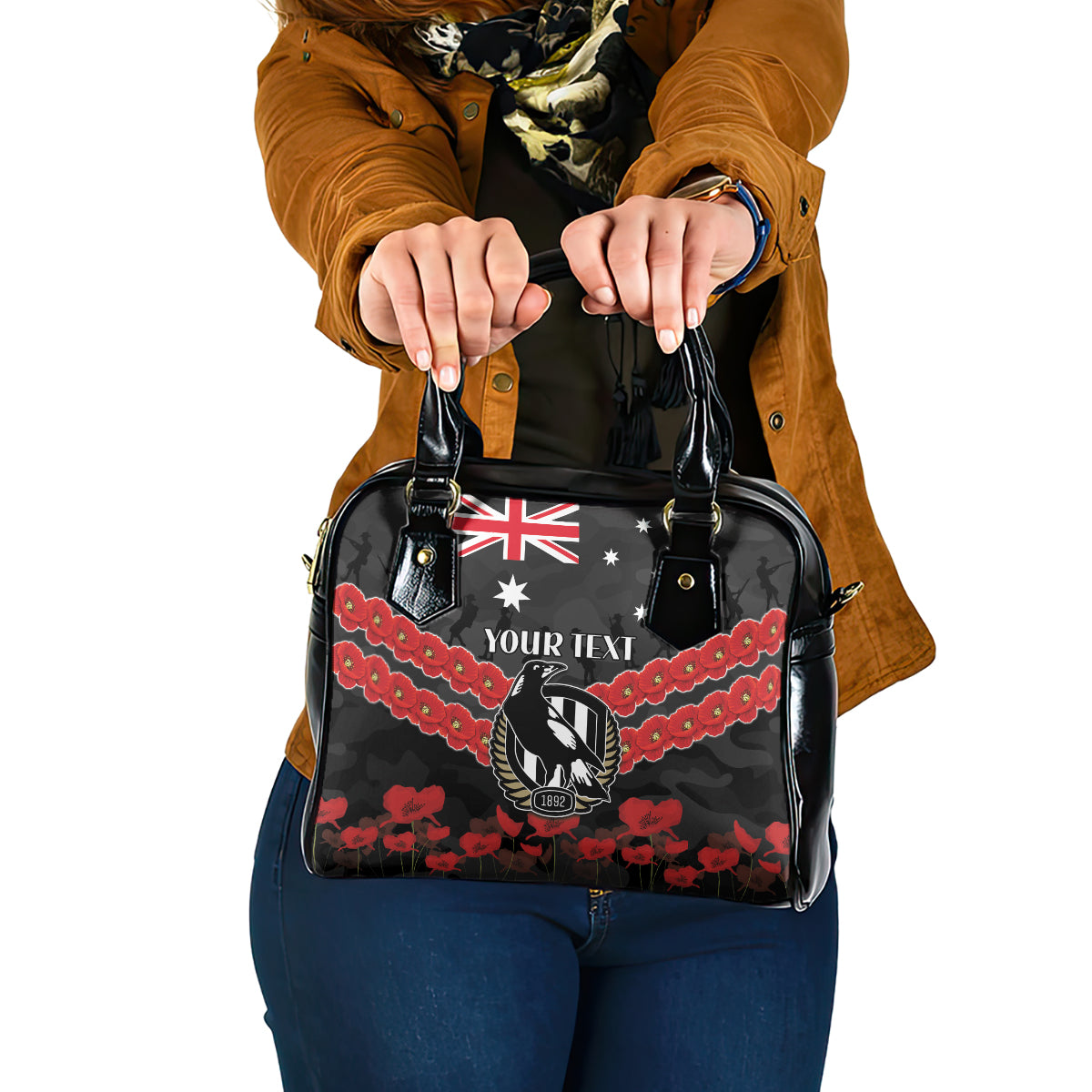 Custom Magpies Football Shoulder Handbag ANZAC Lest We Forget