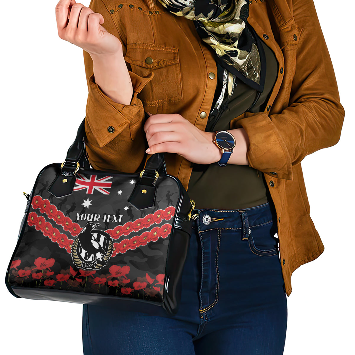 Custom Magpies Football Shoulder Handbag ANZAC Lest We Forget