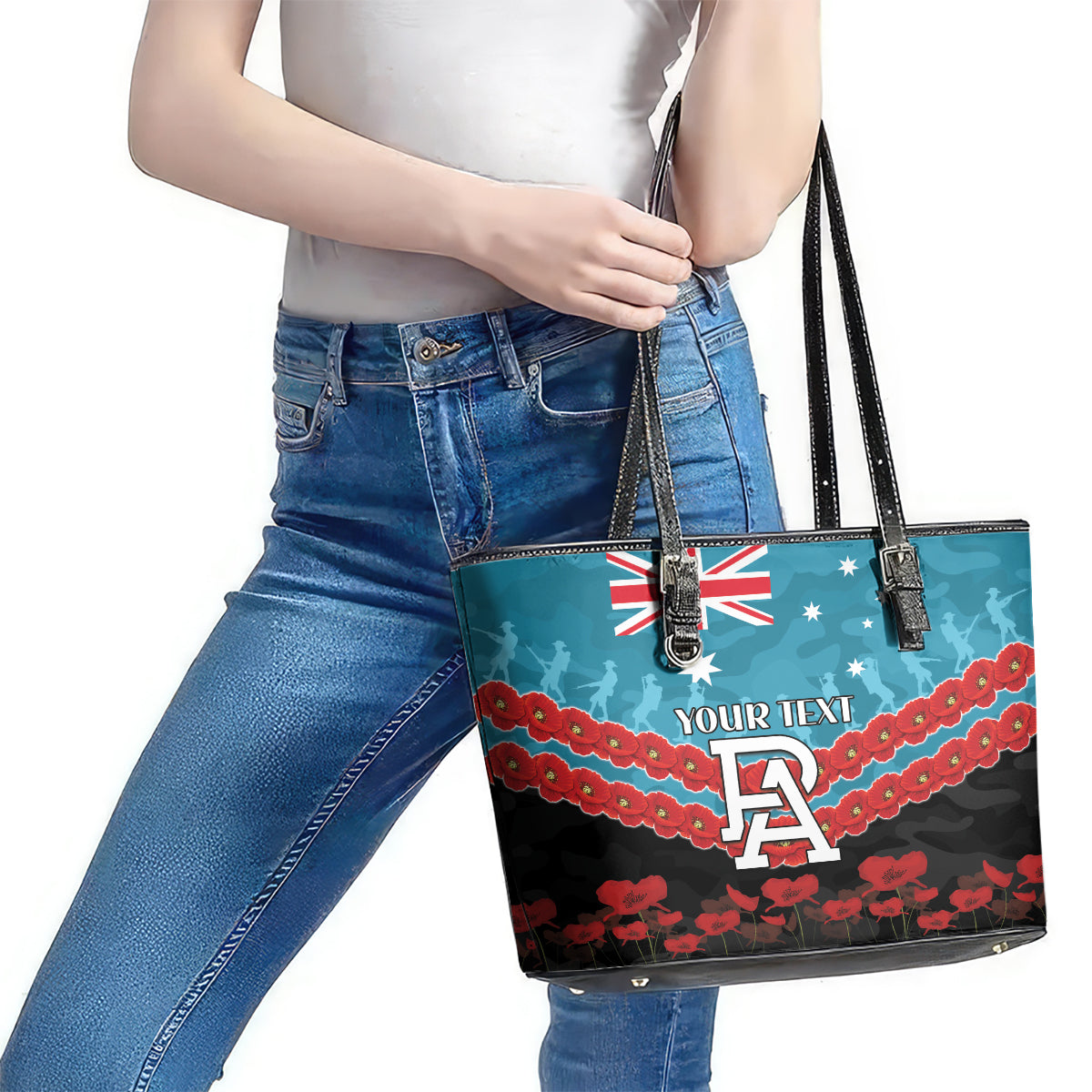 Custom Port Adelaide Power Football Leather Tote Bag ANZAC Lest We Forget