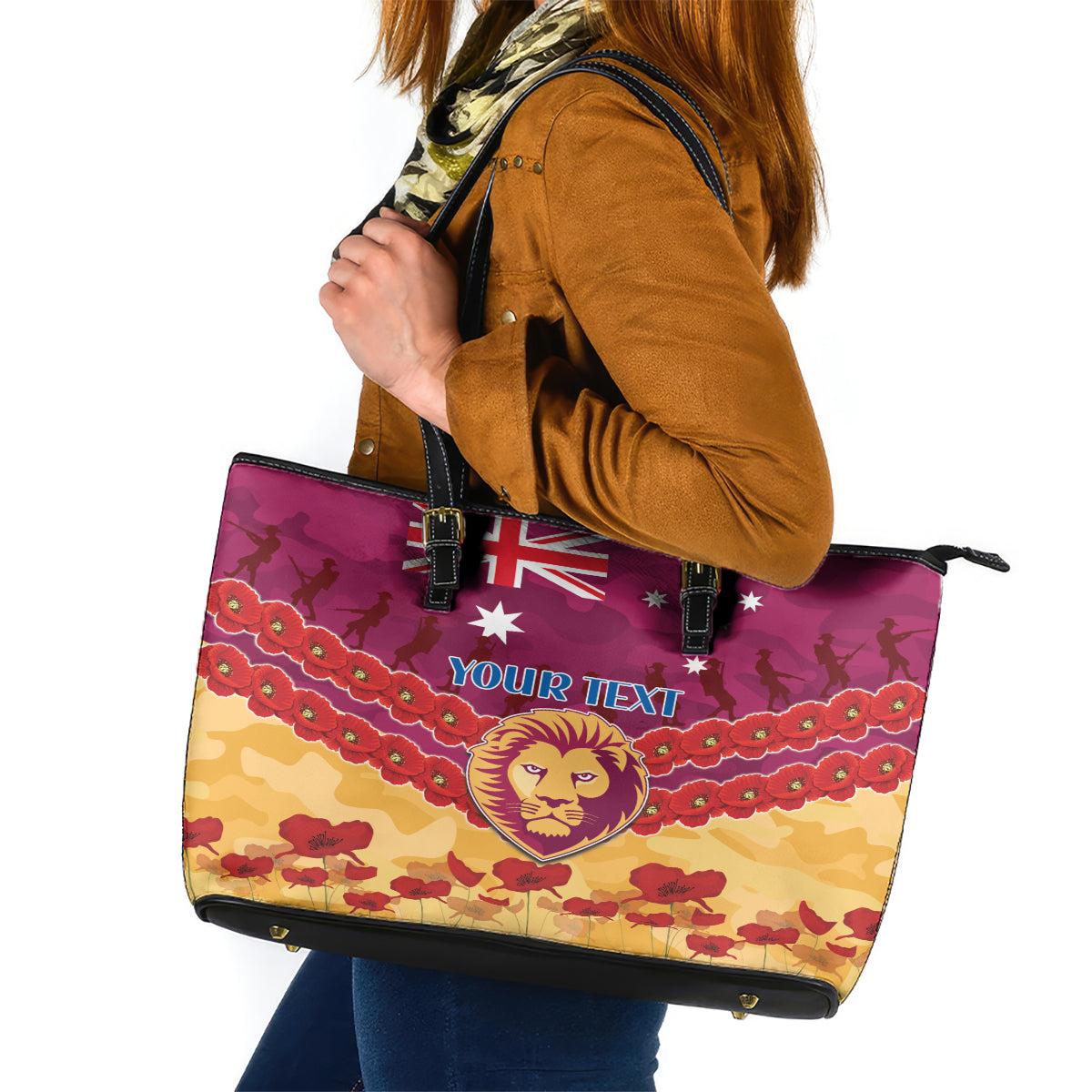 Custom Brisbane Lions Football Leather Tote Bag ANZAC Lest We Forget