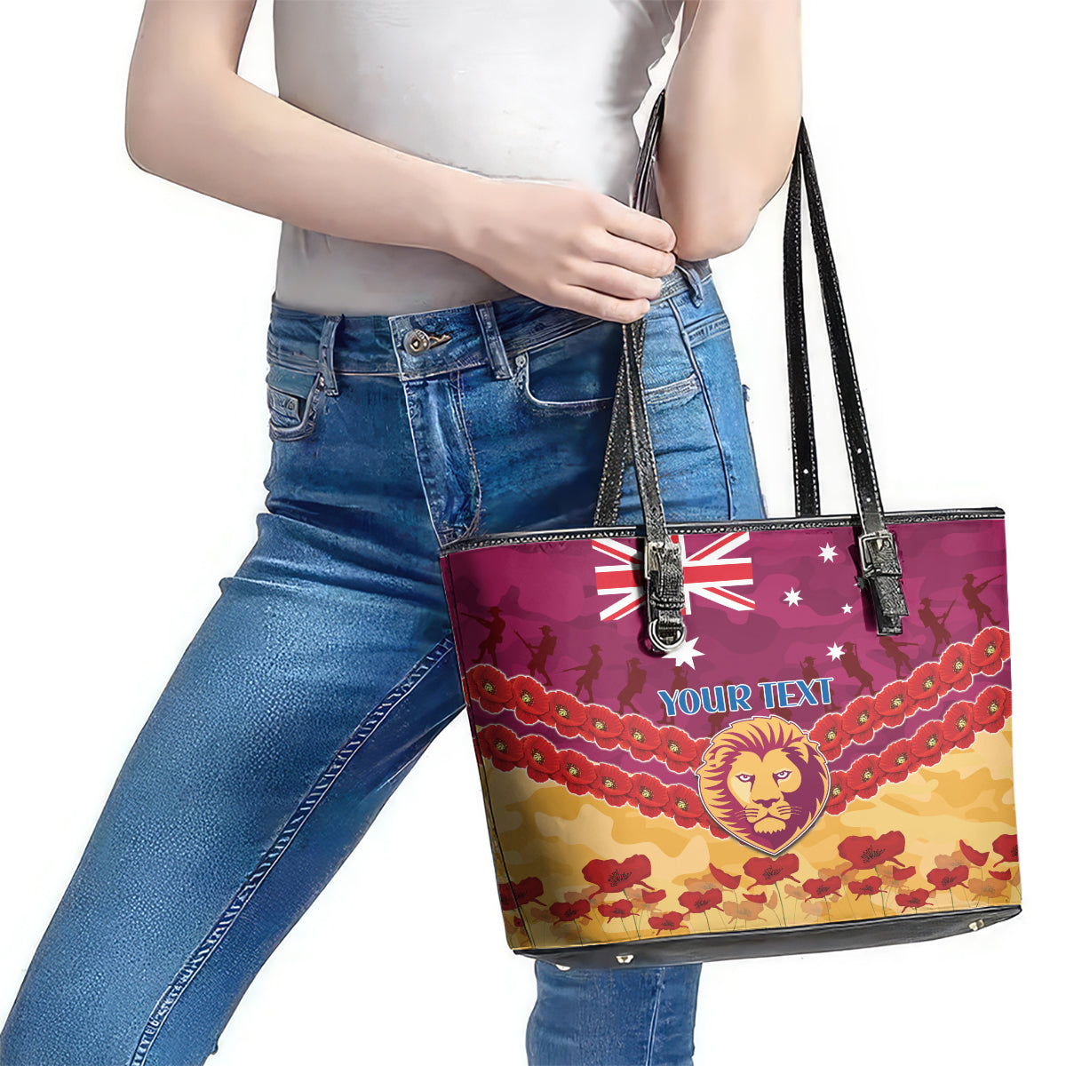 Custom Brisbane Lions Football Leather Tote Bag ANZAC Lest We Forget