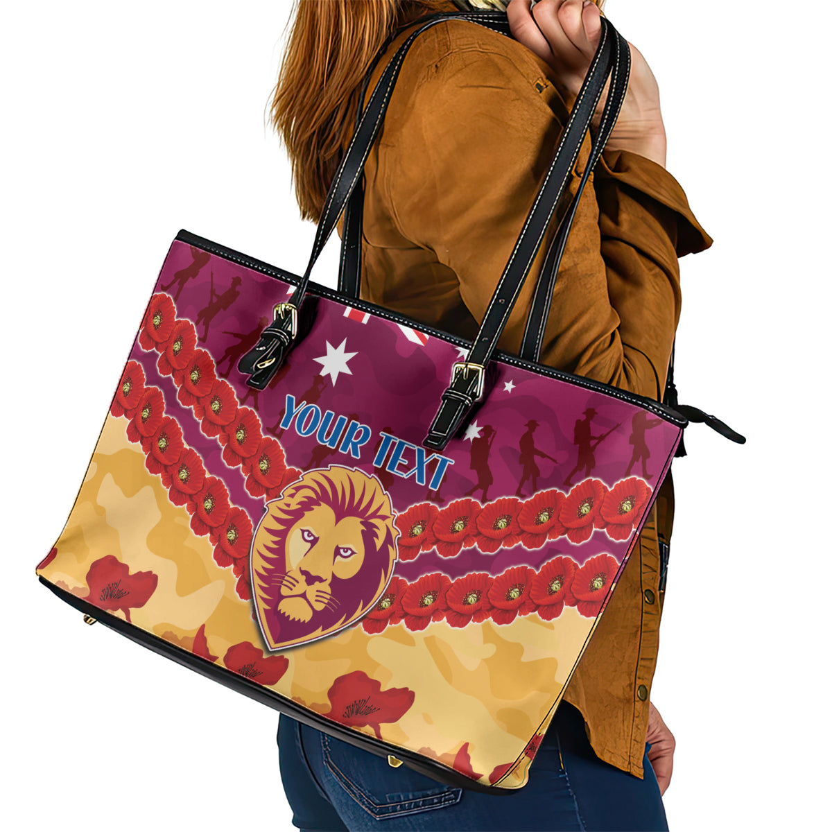 Custom Brisbane Lions Football Leather Tote Bag ANZAC Lest We Forget