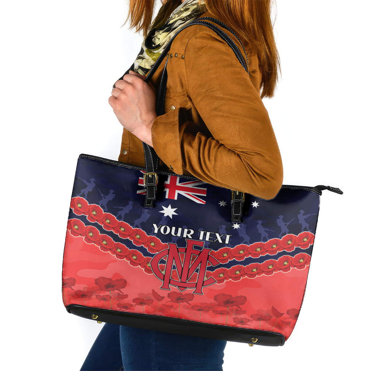 Custom Demons Football Leather Tote Bag ANZAC Lest We Forget