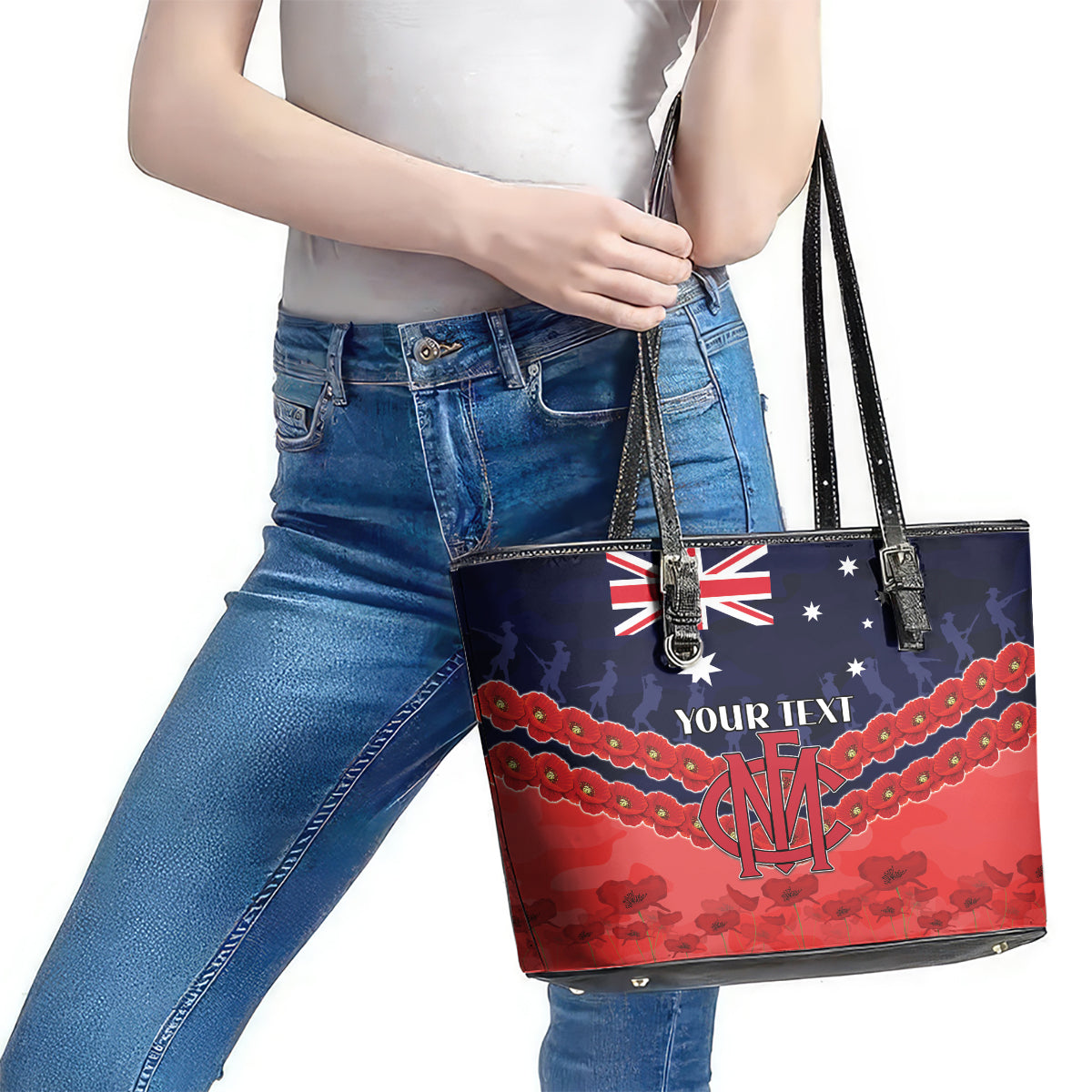 Custom Demons Football Leather Tote Bag ANZAC Lest We Forget