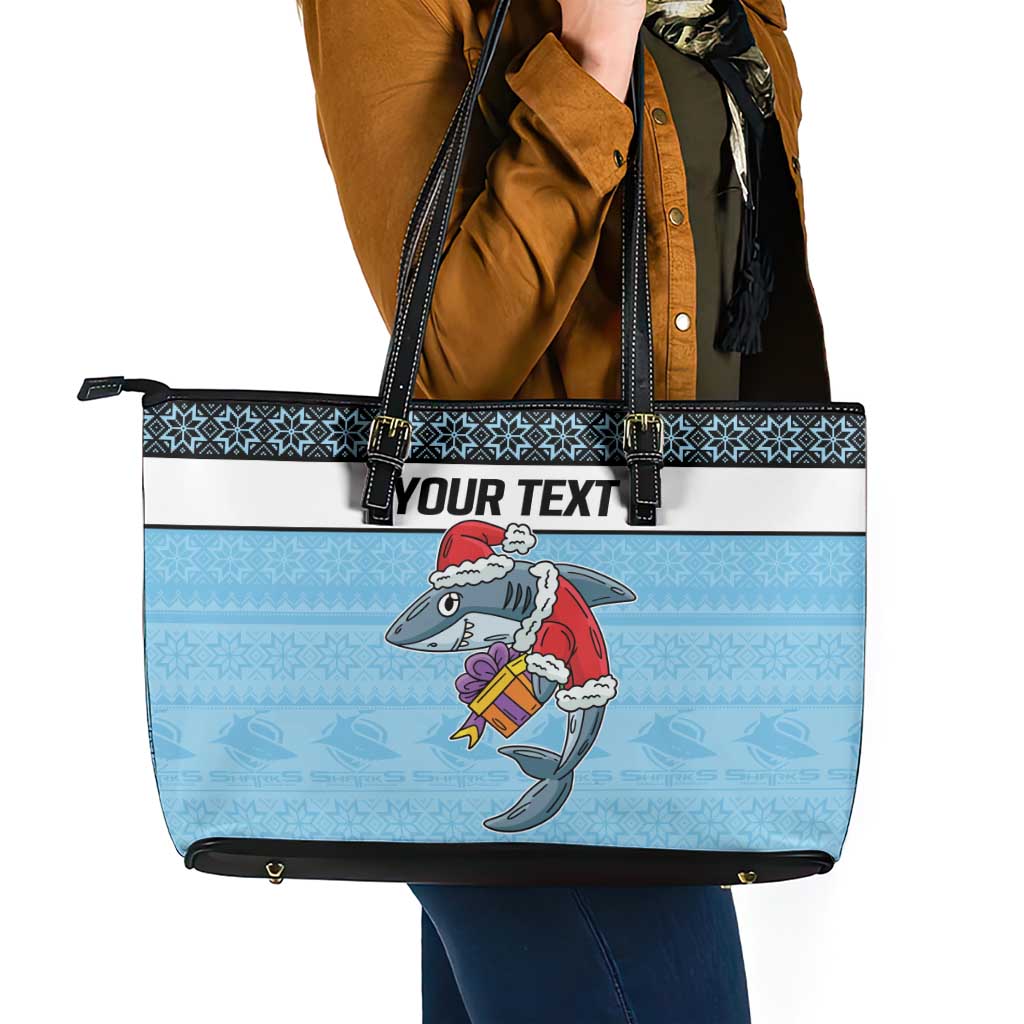 NRL Cronulla-Sutherland Christmas Personalised Leather Tote Bag with Sharkies Santa