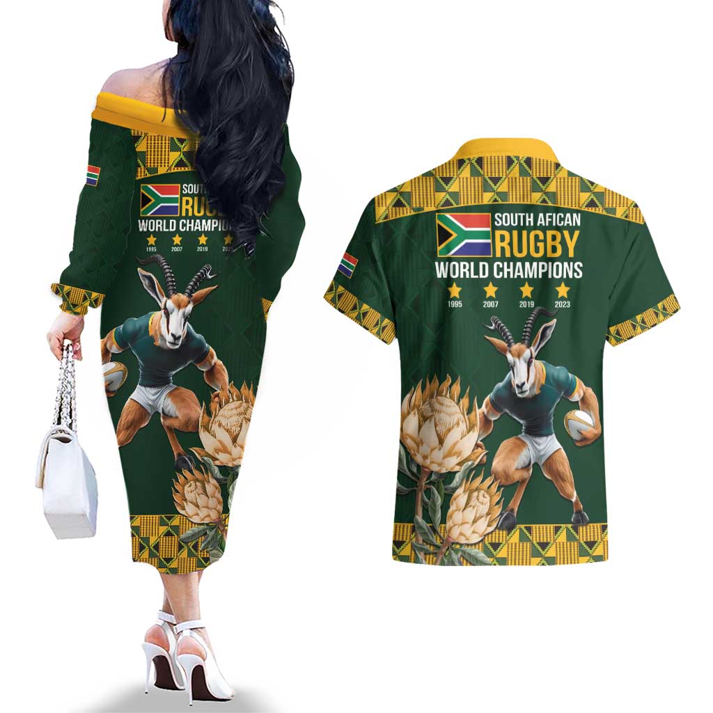 South Africa Rugby History World Champions Couples Matching Off The Shoulder Long Sleeve Dress and Hawaiian Shirt Springboks Make History