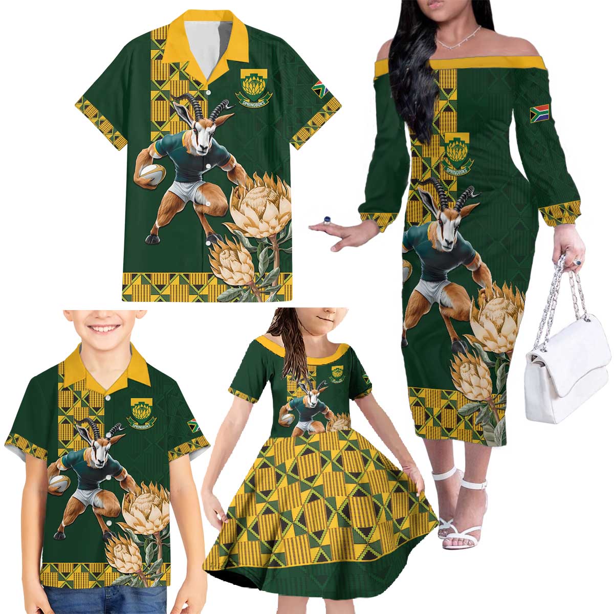 South Africa Rugby History World Champions Family Matching Off The Shoulder Long Sleeve Dress and Hawaiian Shirt Springboks Make History