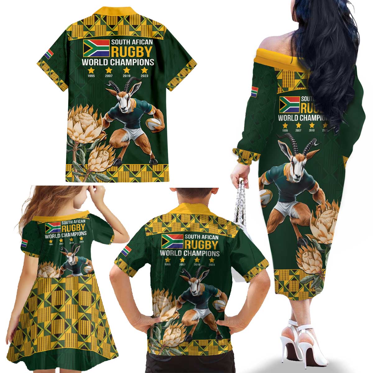 South Africa Rugby History World Champions Family Matching Off The Shoulder Long Sleeve Dress and Hawaiian Shirt Springboks Make History