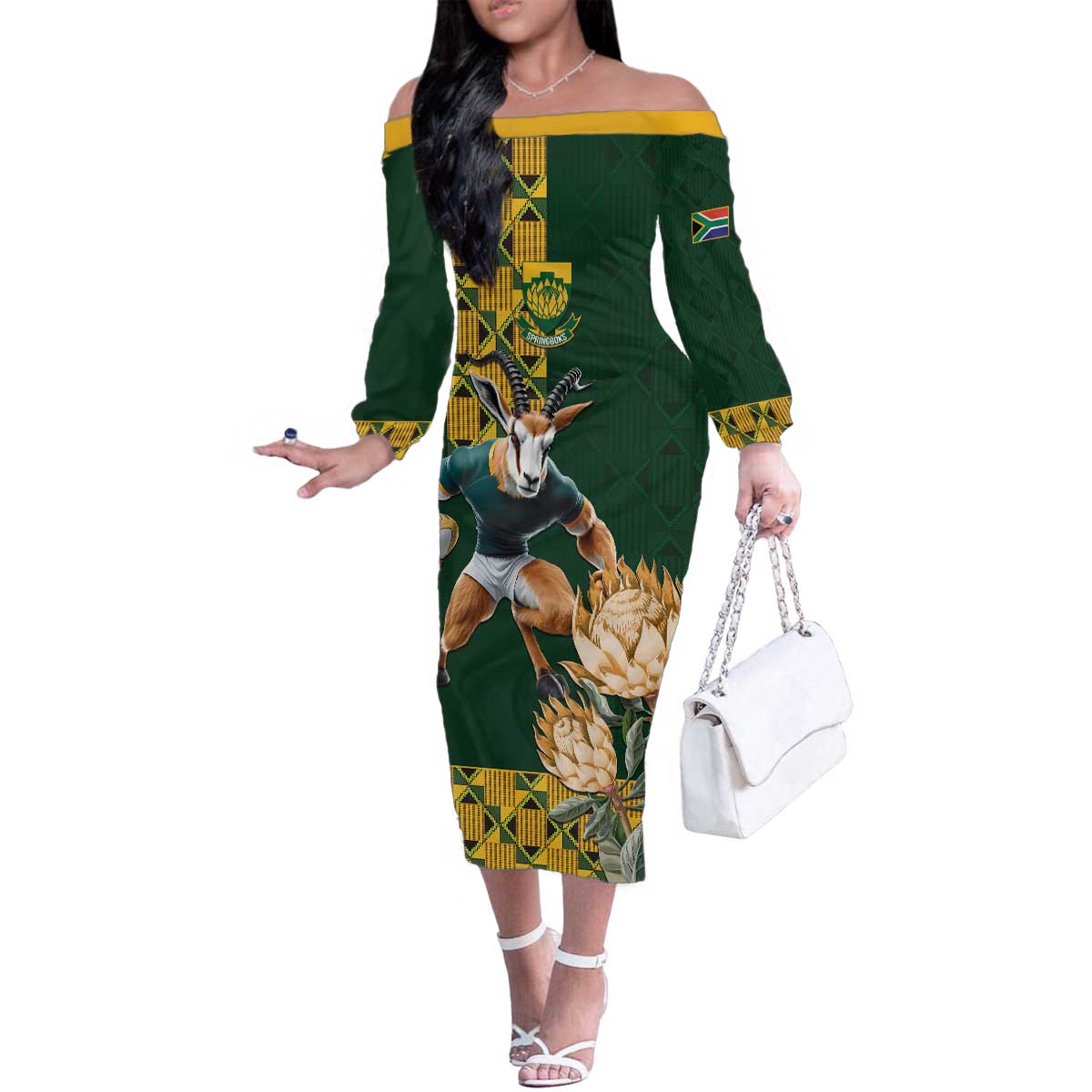 South Africa Rugby History World Champions Family Matching Off The Shoulder Long Sleeve Dress and Hawaiian Shirt Springboks Make History