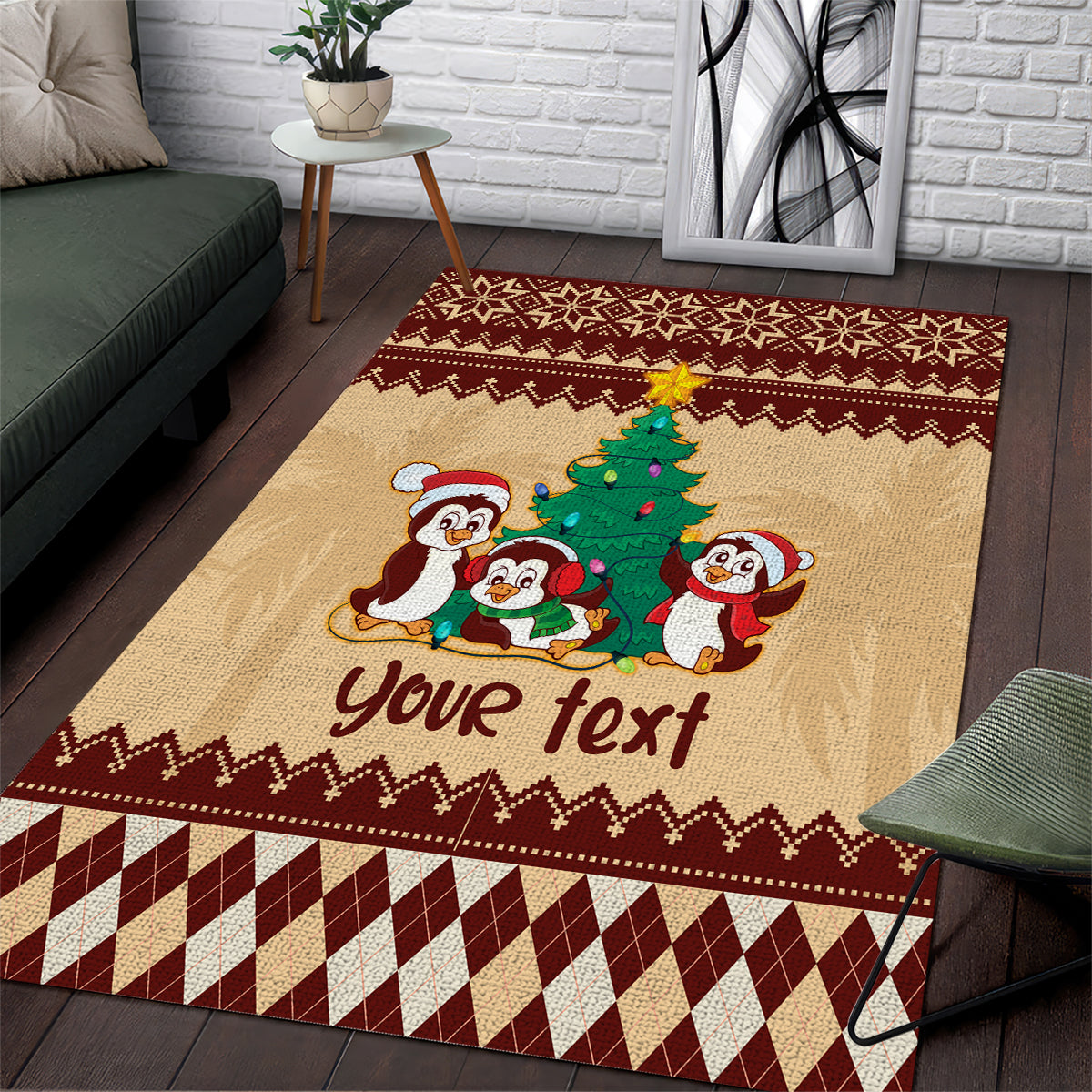 australia-penguin-christmas-argyle-pattern-personalised-area-rug