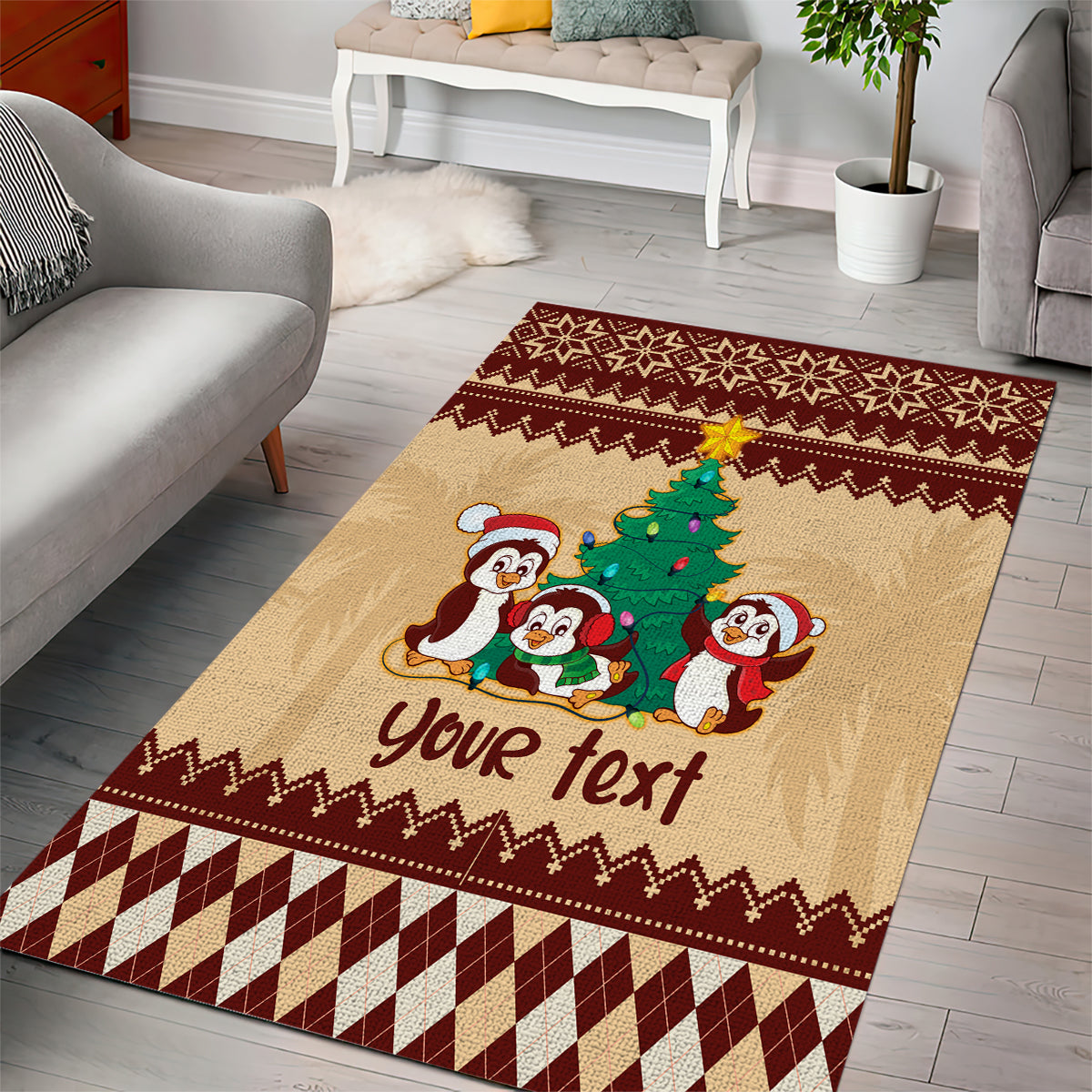 australia-penguin-christmas-argyle-pattern-personalised-area-rug