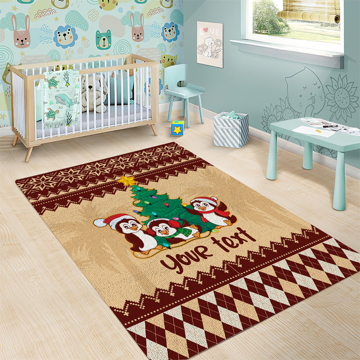 australia-penguin-christmas-argyle-pattern-personalised-area-rug