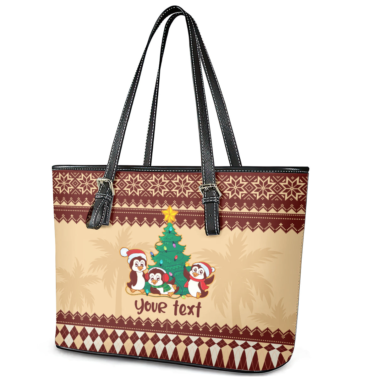 australia-penguin-christmas-argyle-pattern-personalised-leather-tote-bag