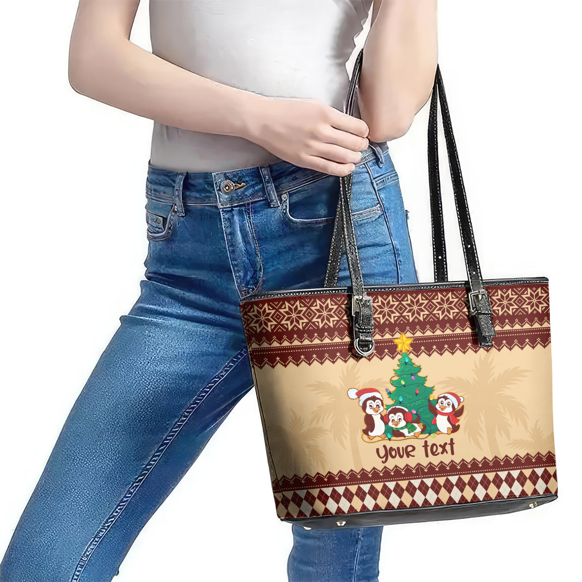 australia-penguin-christmas-argyle-pattern-personalised-leather-tote-bag