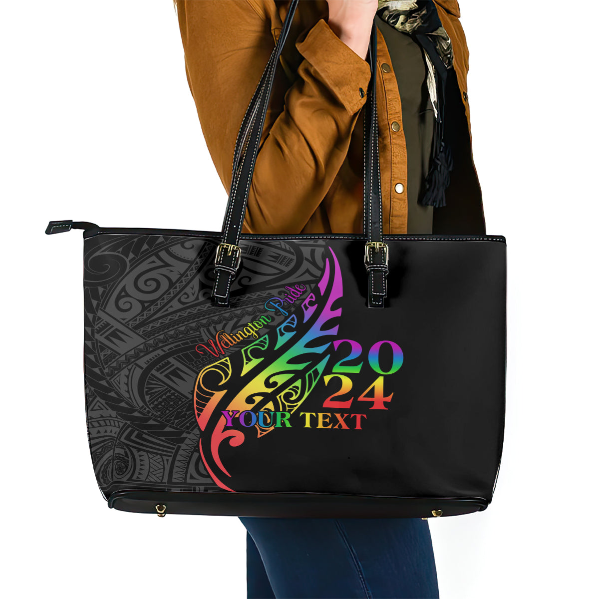 Personalised New Zealand Wellington Pride Leather Tote Bag Maori Fern with Pride Flag 2024