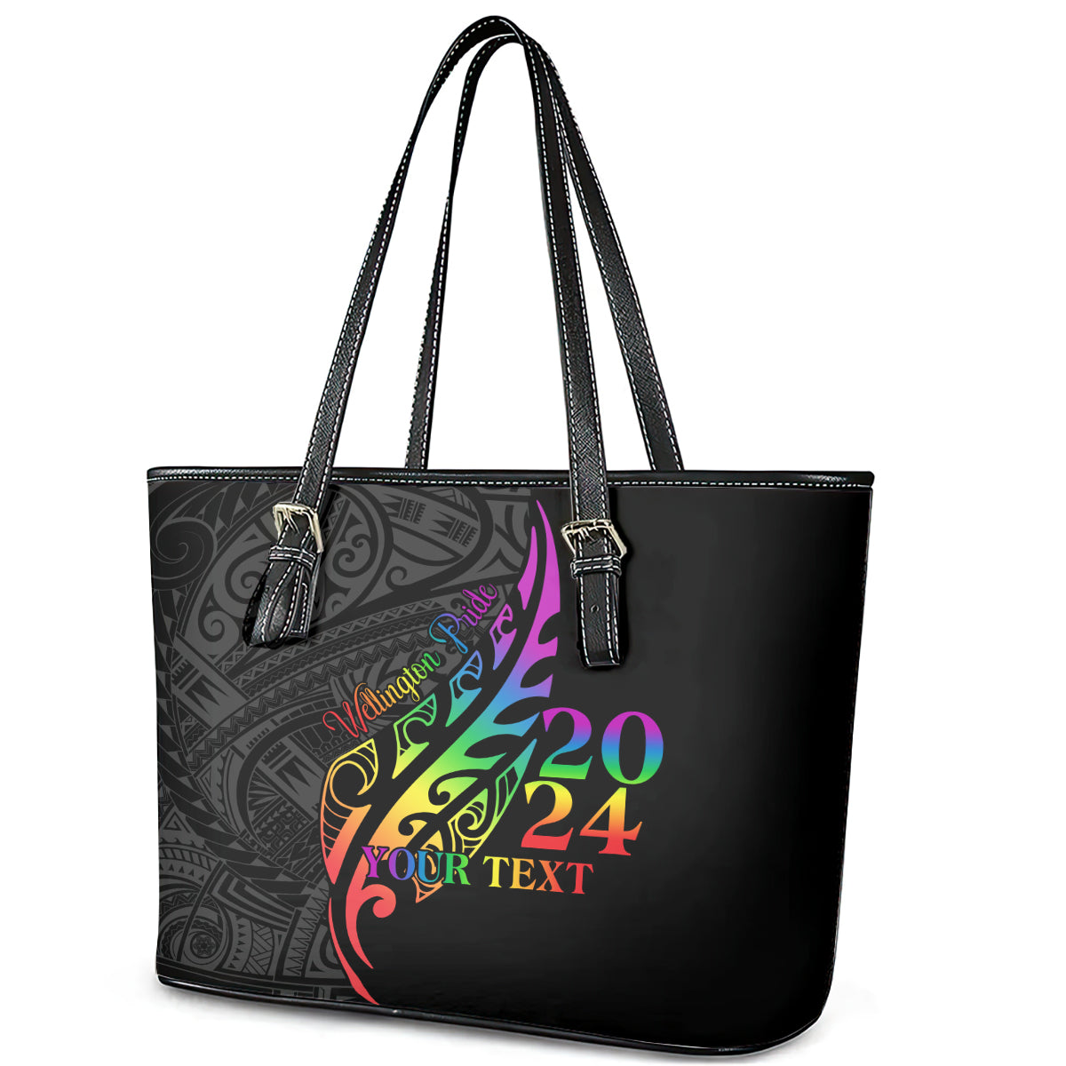 Personalised New Zealand Wellington Pride Leather Tote Bag Maori Fern with Pride Flag 2024