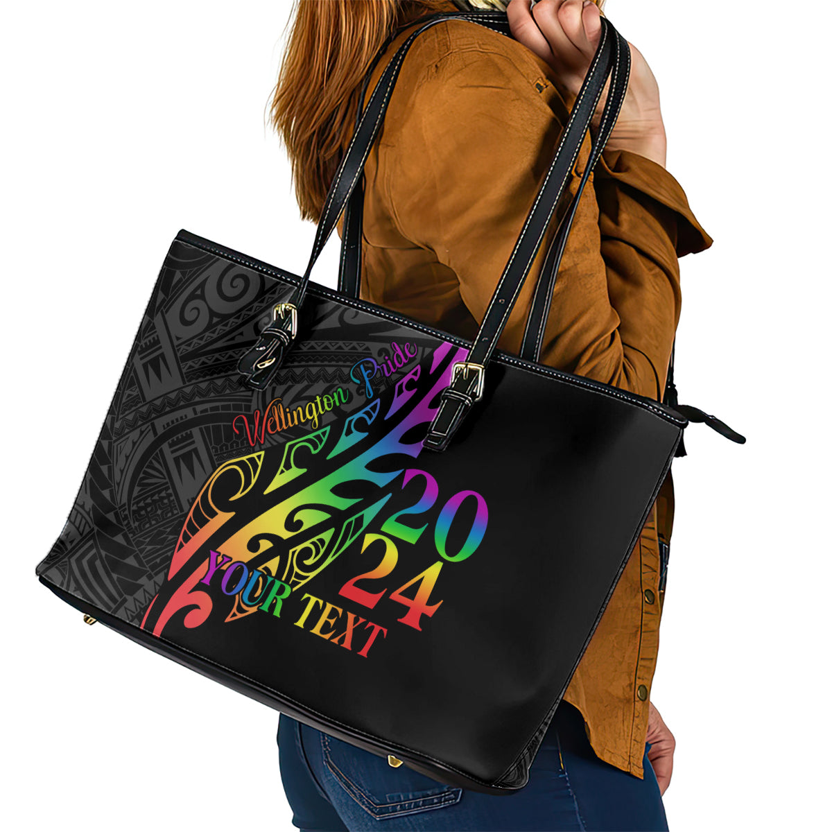 Personalised New Zealand Wellington Pride Leather Tote Bag Maori Fern with Pride Flag 2024