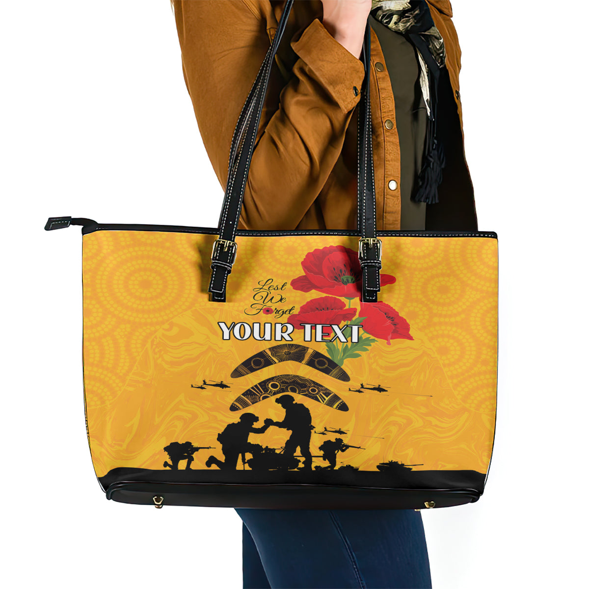 Australia Matildas Soccer ANZAC Custom Leather Tote Bag Gallipoli Soldier With Aboriginal Dots Art