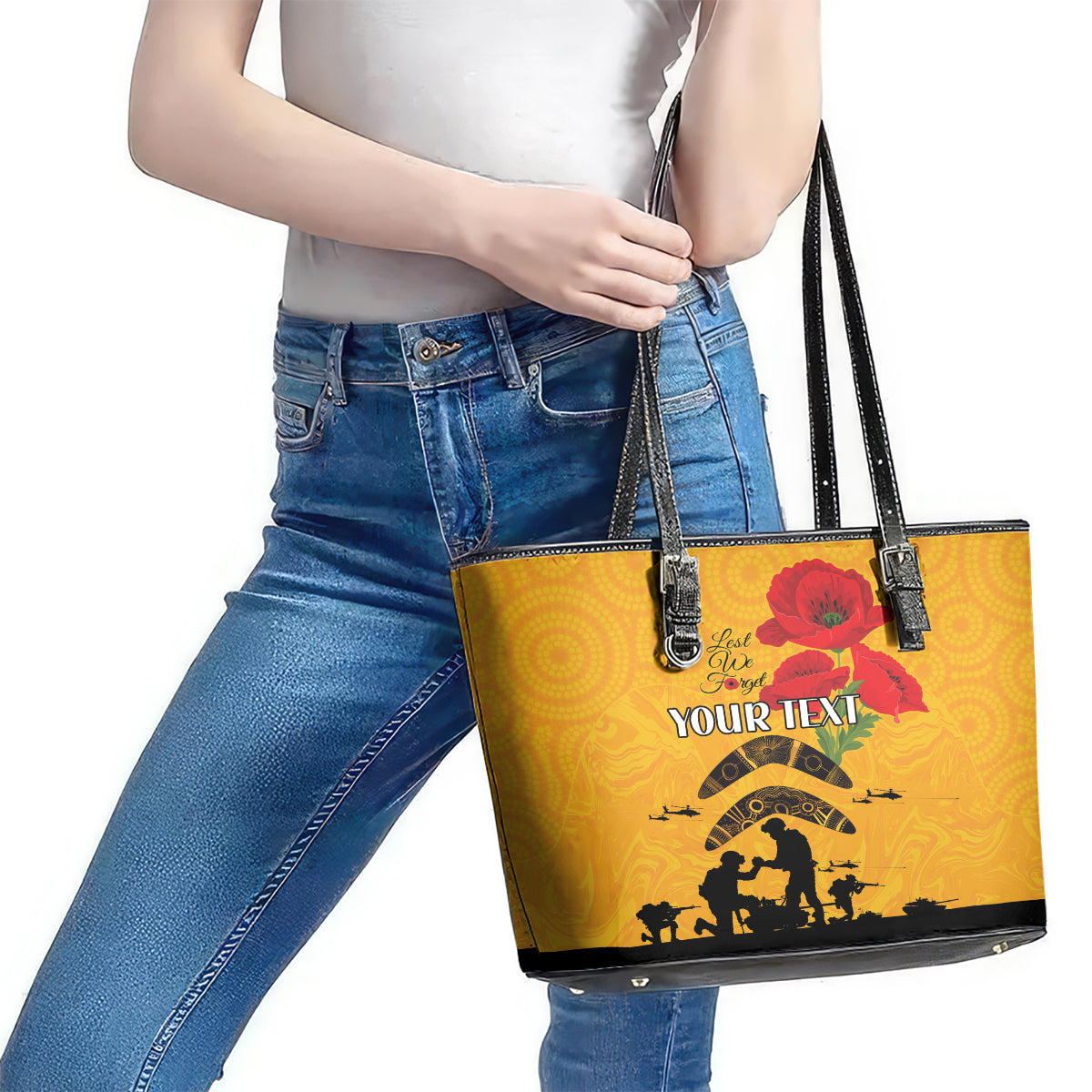 Australia Matildas Soccer ANZAC Custom Leather Tote Bag Gallipoli Soldier With Aboriginal Dots Art