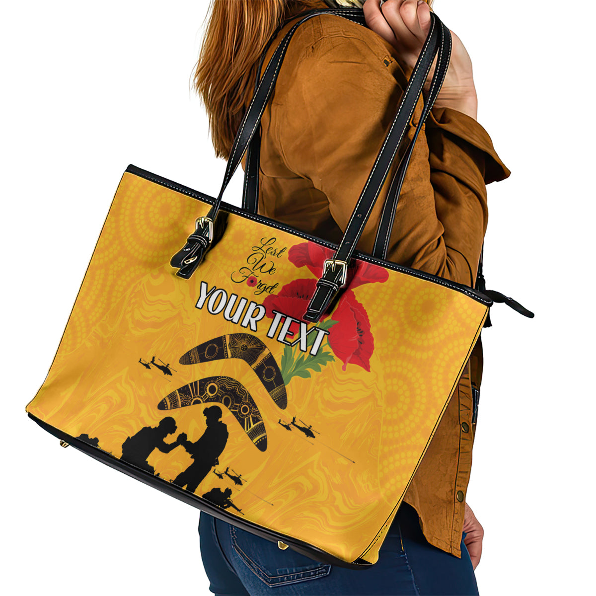 Australia Matildas Soccer ANZAC Custom Leather Tote Bag Gallipoli Soldier With Aboriginal Dots Art