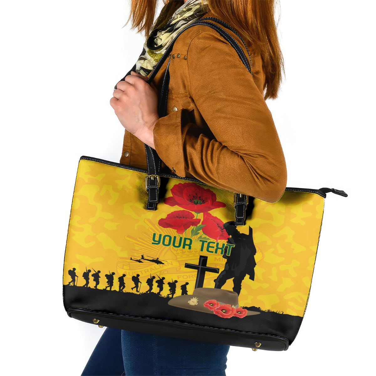 Australia Socceroos Soccer ANZAC Custom Leather Tote Bag Gallipoli Soldier With Camouflage Art